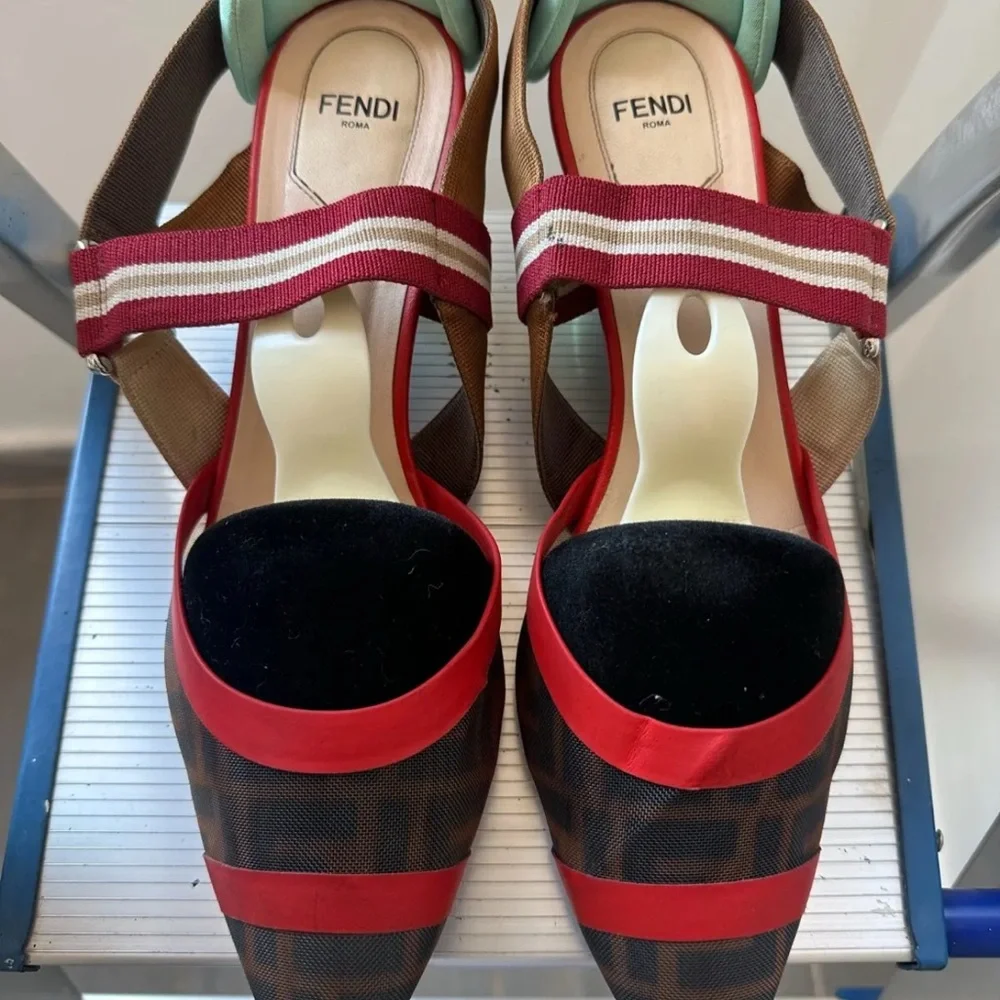 Fendi Technical Mesh Slingback Heels | Colibri Pumps 41 EU Red & Brown ❤️🤎 - Picture 3 of 11